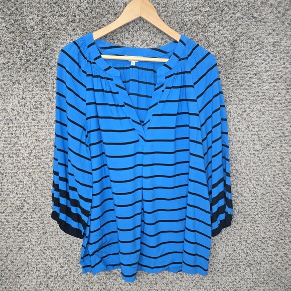 Chaps‎ Top Womens Medium Peasant Blouse Blue Polka Dot Scoop Neck Casual - Picture 1 of 7